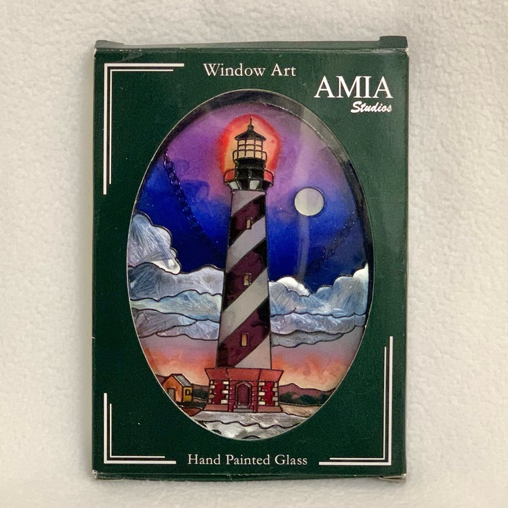 AMIA Studios Colorful Lighthouse Stain Glass Oval Suncatcher with Chain